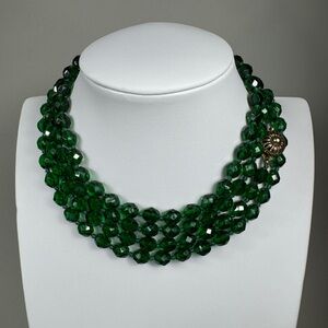 Vintage opera necklace with emerald green faceted glass beads & decorative clasp